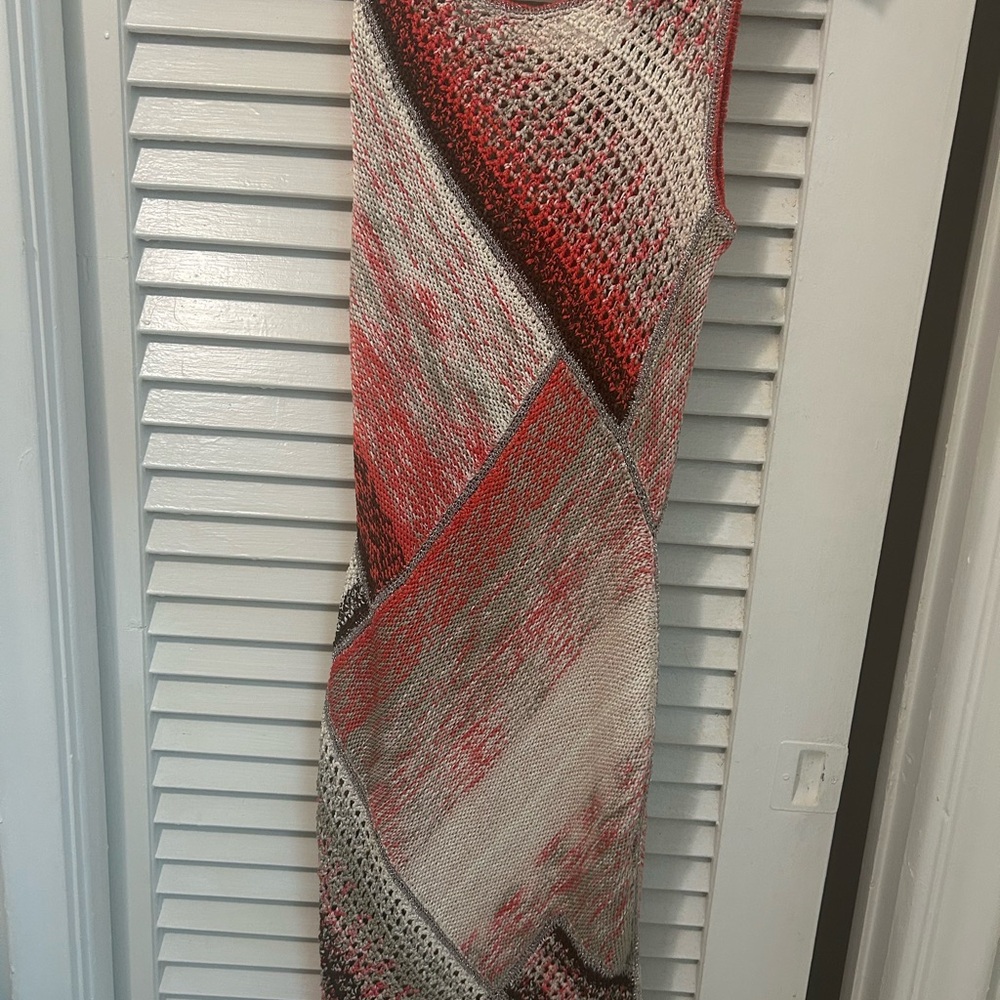 Oscar de la Renta Cream and Red Knit Midi Dress